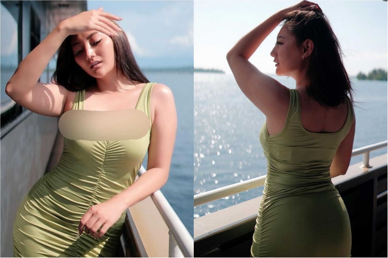 Model Seksi Sassha Carissa Bikin Melotot Pose Pakai Dress Hijau Di Atas Kapal Ini Potretnya