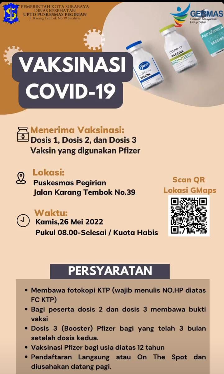 Jadwal Vaksin Pfizer di Puskesmas Surabaya Dosis 1,2 dan Booster Kamis, 26 Mei 2022, Berikut Syaratnya