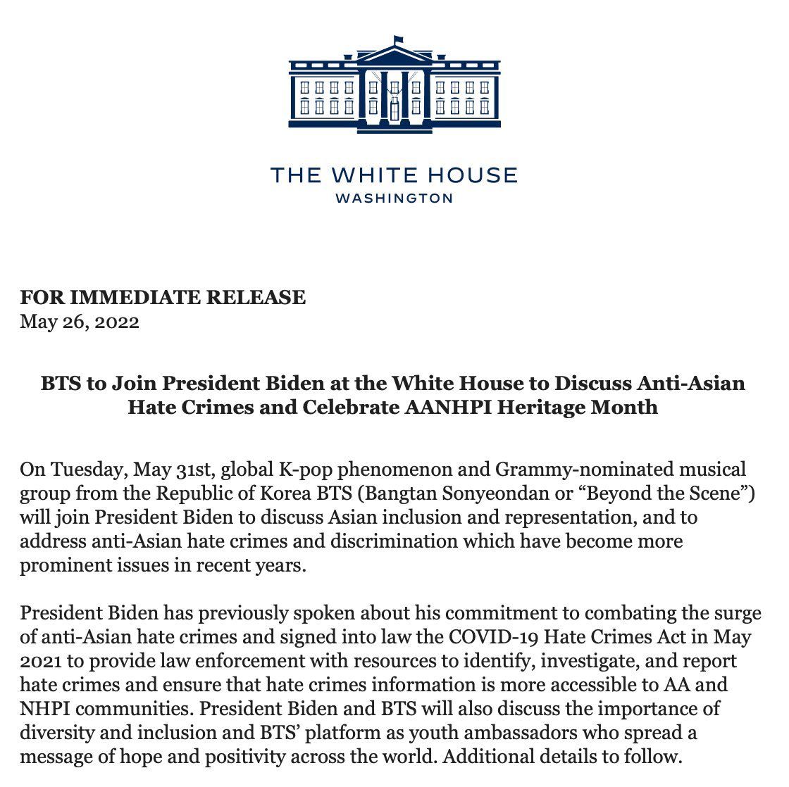 BTS Diundang Bertemu Joe Biden di Gedung Putih, Bahas Asian Hate/