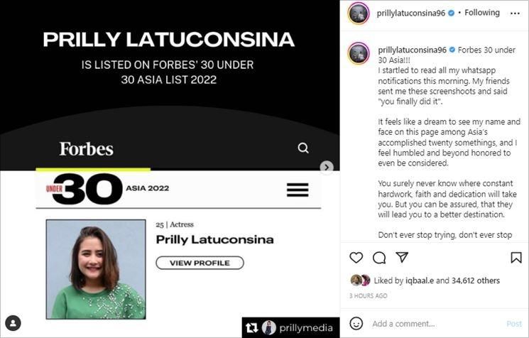  Prilly Latuconsina masuk Daftar Forbes 30 Under 30 Asia