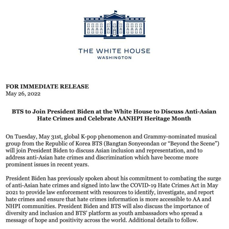 BTS Bakal Bergabung dengan Presiden Joe Biden di White House untuk Merayakan Bulan Warisan AANHPI