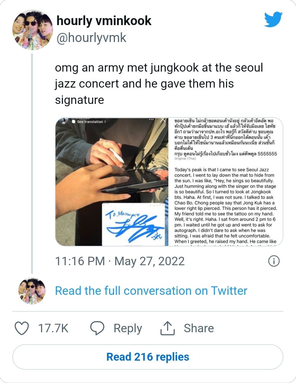 Postingan ARMY Thailand yang mengaku bertemu dengan Jungkook BTS di konser musik di Seoul, Korea, viral di media sosial./Twitter/@hourlyvmk
