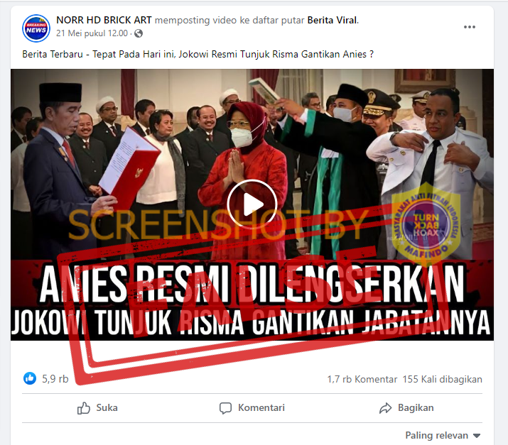 HOAKS - Beredar unggahan di Facebook yang menyebut jika Jokowi menunjuk Tri Rismaharini menggantikan Anies Baswedan.*
