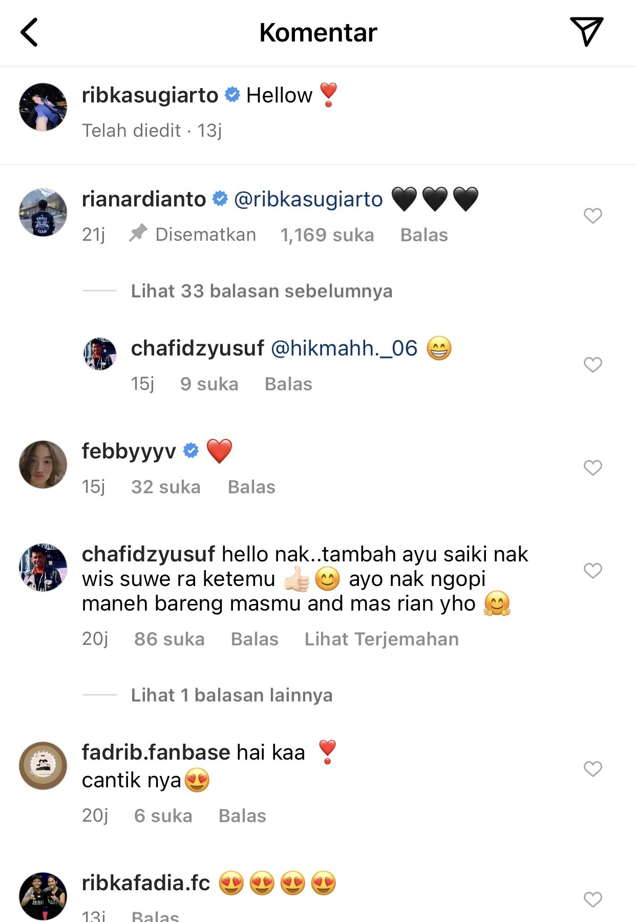 Rian Ardianto beri komentar pada unggahan Instagram Ribka Sugiarto