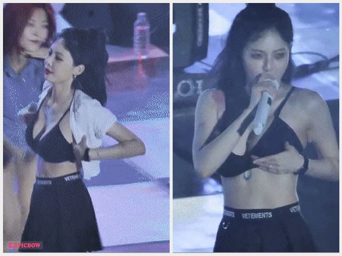 HyunA menampilkan koreografi ikonik chest touch atau sentuhan dada dengan menyentuh payudaranya.