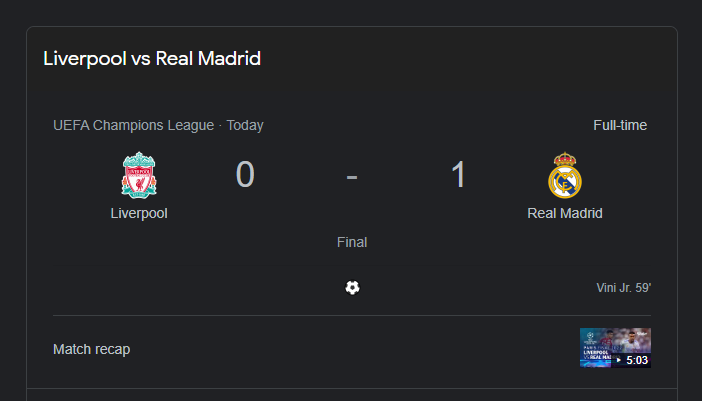 Hasil akhir Real Madrid vs Liverpool dalam laga final Liga Champions 2022. Real Madrid juara setelah mengalahkan Liverpool 1-0.