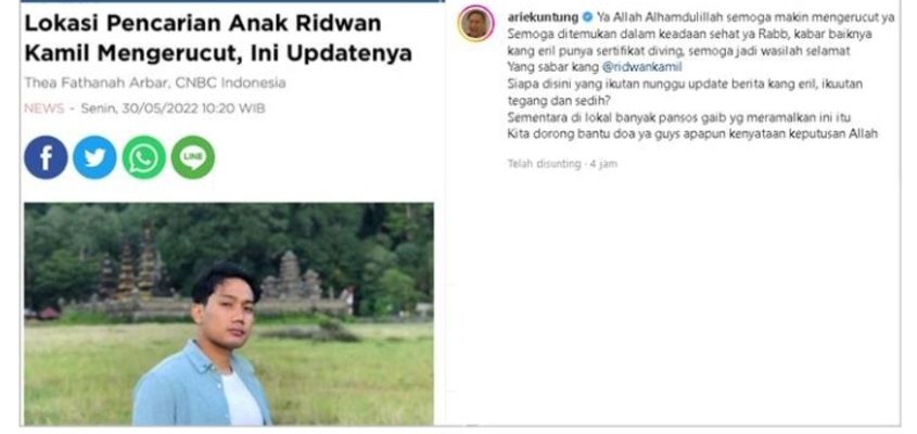 Arie Untung Bagikan Kabar Terbaru Pencarian Anak Ridwan Kamil, Sindir Para Peramal Lokal