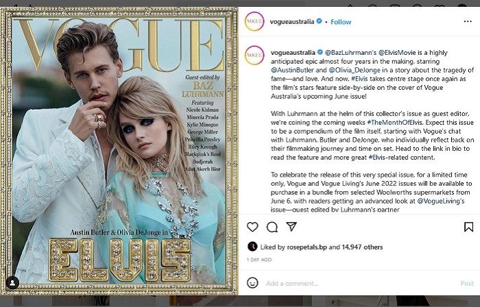 Tangkapan layar - Austin Butler dan Olivia DeJonge jadi model sampul Vogue Australia edisi khusus Elvis Presley garapan Baz Luhrmann yang rilis Juni 2022 dengan Rose BLACKPINK sebagai salah satu kolaborator.