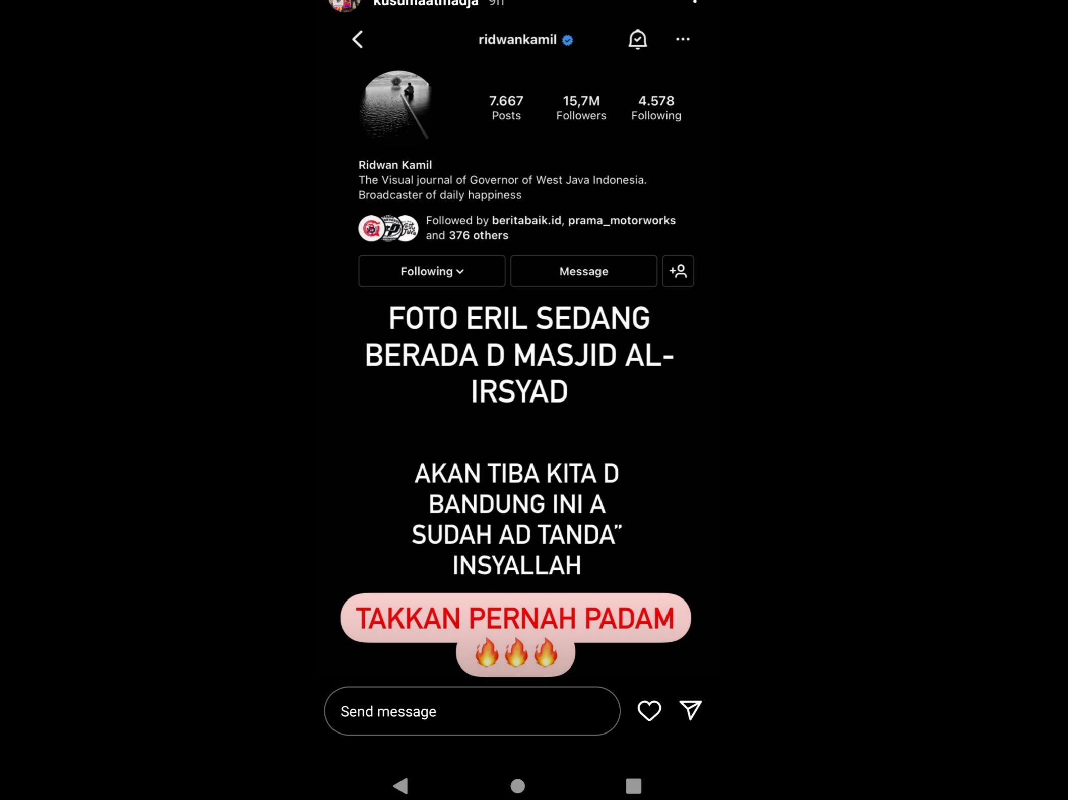 Unggahan kerabat Ridwan Kamil di Instagram.