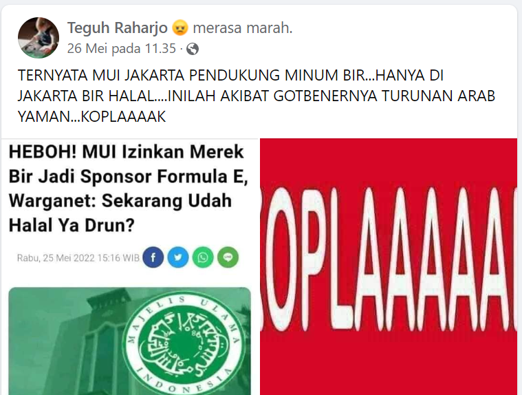 Informasi hoaks tentang MUI Jakarta yang memberi ijin merek bir jadi sponsor Formula E