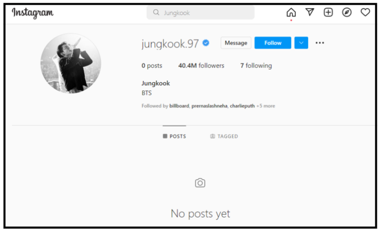 Akun Instagram Jungkook dengan postingan 0.*  