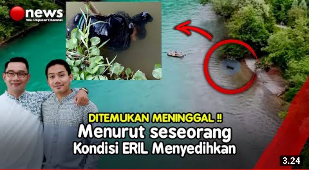 Thumbnail video yang menyebutkan Eril ditemukan meninggal dunia