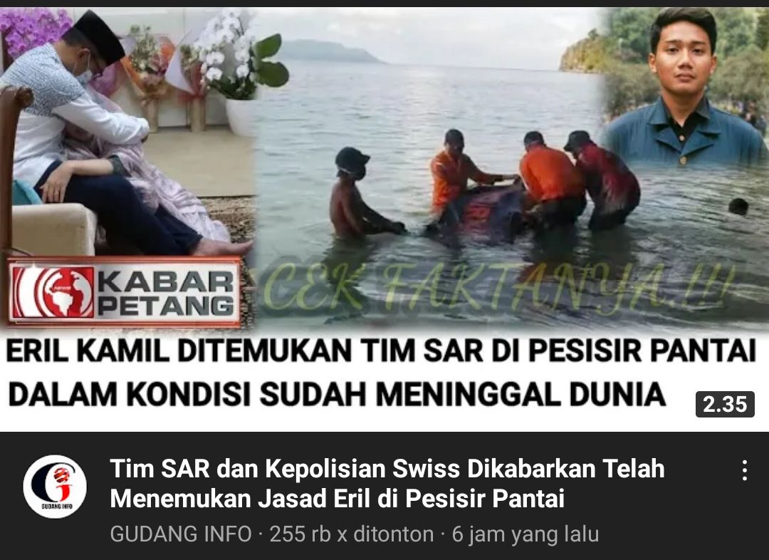 Thumbnail video yang menyebutkan bahwa Eril ditemukan di pesisir pantai dalam kondisi meninggal dunia