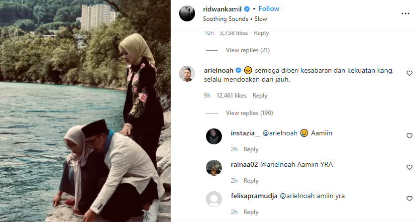 Komentar Ariel Noah untuk unggahan Ridwan Kamil. 