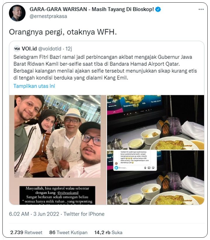 Ernest Prakasa Sindir Selebgram yang Viral, Ajak dan Pajang Foto Selfie Bareng Ridwan Kamil di Bandara