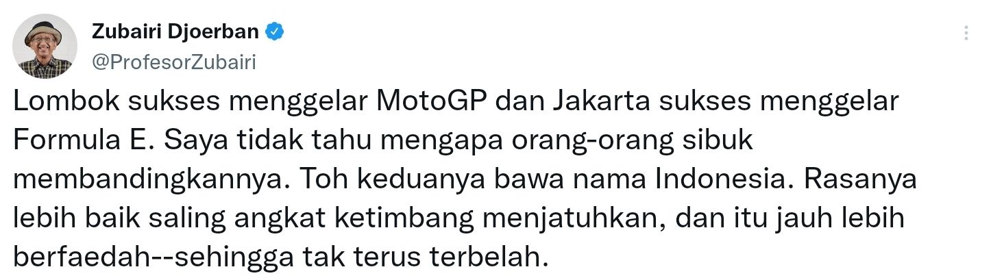 Profesor Zubairi Djoerban meminta untuk tidak membandingkan Formula E Jakarta dengan gelaran MotoGP Mandalika.*