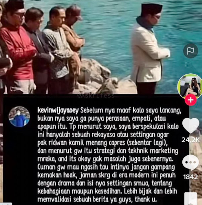 Tangkapan layar pernyataan Kevin Wijaya Oey terkait hilangnya Eril anak Ridwan Kamil sebagai Settingan atau Rekayasa
