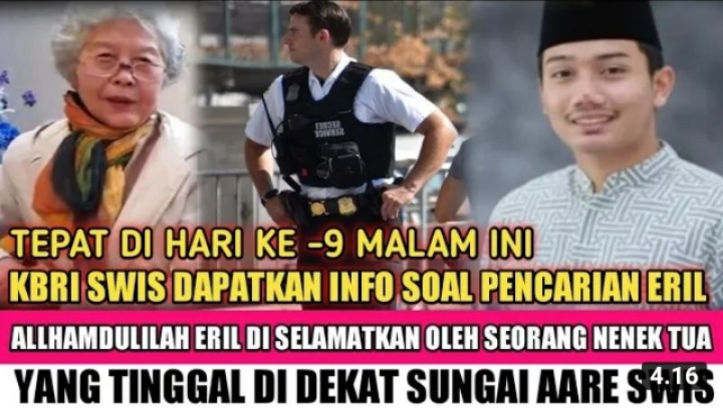YouTube Seleb Indonesia mengabarkan bahwa Eril telah ditemukan nenek tua setelah 9 hari pencarian