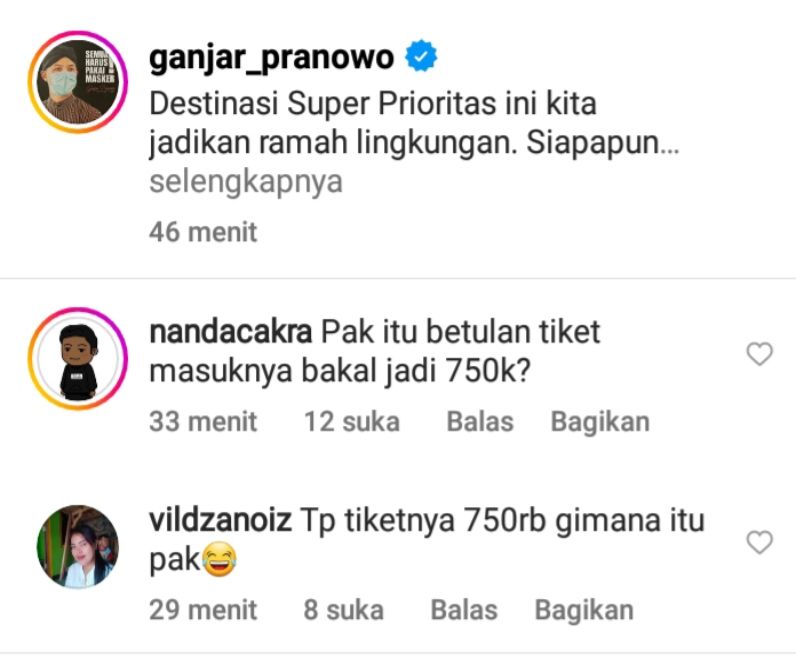 Unggahan Ganjar Pranowo dan komentar netizen.