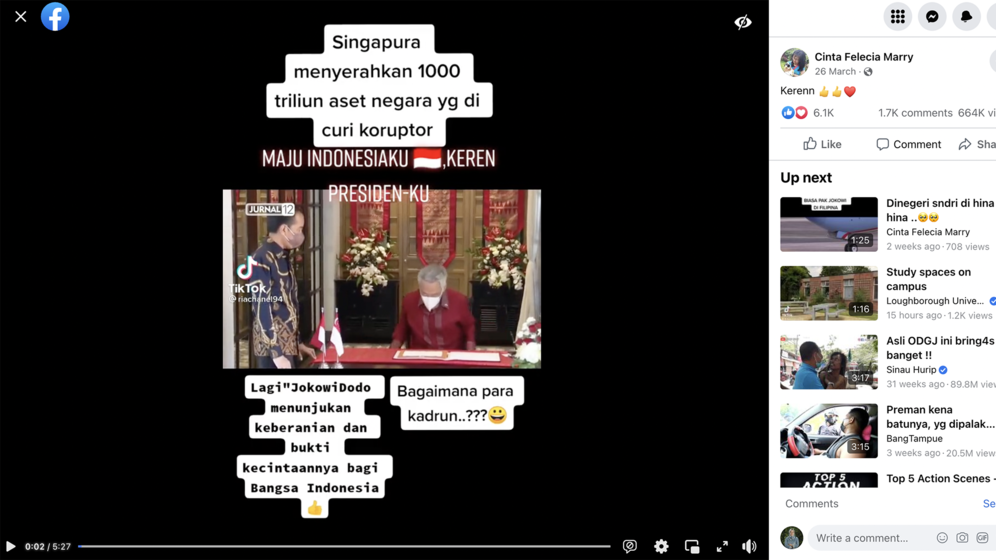 Tangkapan layar video yang menyebut berkat Jokowi, Singapura menyerahkan 1.000 triliun aset negara yang dicuri koruptor./Facebook: Cinta Felecia Marry./