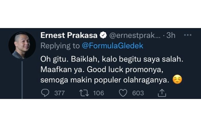 Balasan Ernest Prakasa terkait cuitan akun @FormulaGledek.