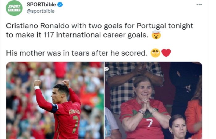 Ibunda Cristiano Ronaldo menangis saksikan anaknya mencetak brace untuk Portugal.