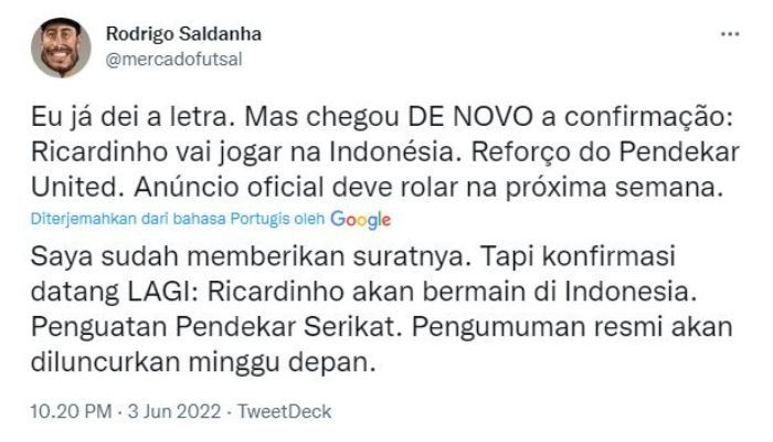 Isi Tweet Jurnalis Portugal Rodrigo Saldanha