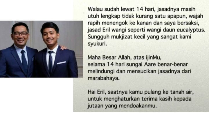 Jasad Eril, putra sulung Ridwan Kamil akhirnya ditemukan