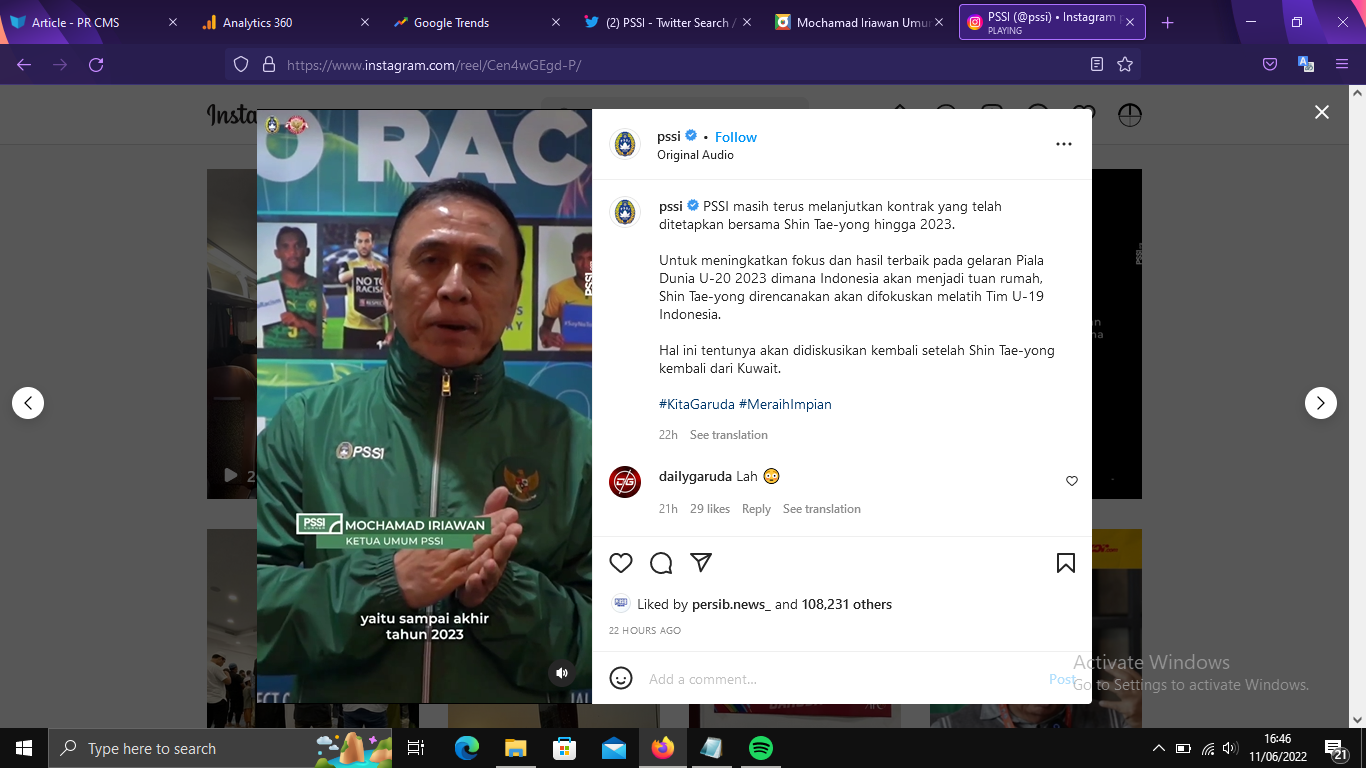 Tangkap layar unggahan Mochamad Iriawan (Iwan Bule) dalam akun Instagram PSSI @PSSI