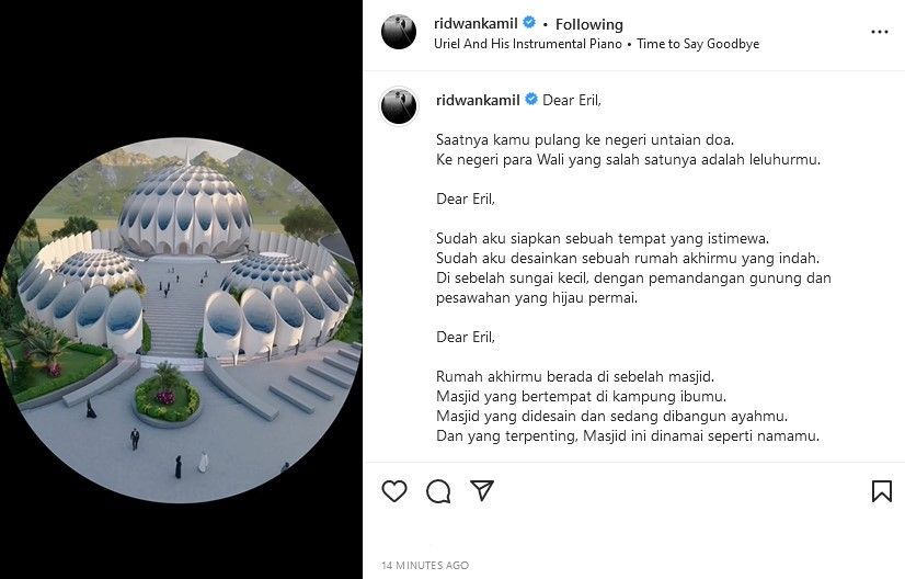 Unggahan Instagram Ridwan Kamil, yang memperlihatkan lokasi tempat dimakamkannya Eril dan desain Masjid Al Mumtadz.