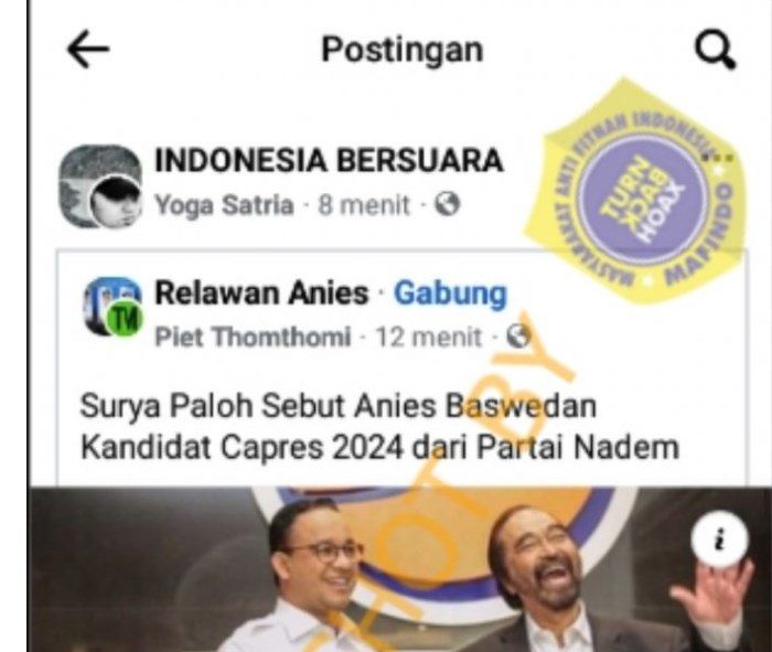 Postingan hoaks terkait Surya Paloh yang menyebut Anies Baswedan kandidat Capres 2024