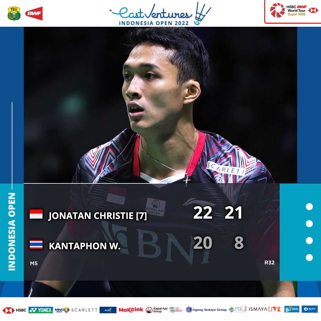 Hasil Indonesia Open 2022 Babak 32 Besar: Jonatan Christie Mulus ke 16 Besar, Usai Tekuk Wakil Thailand