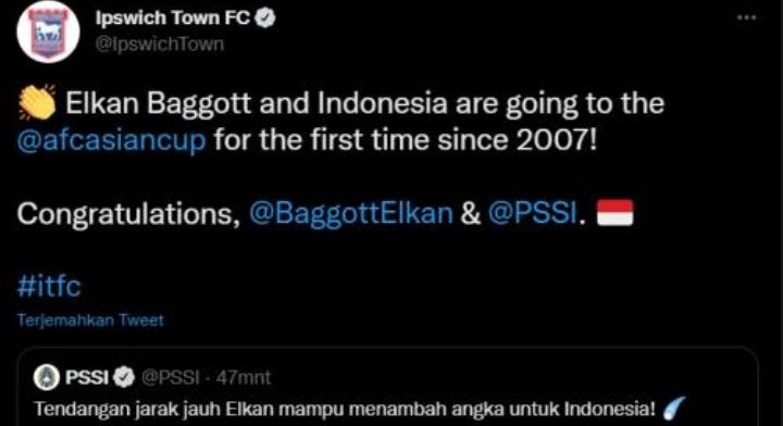 Postingan Ipswich Town yang memberi selamat kepada Elkan Baggott dan Timnas Indonesia yang lolos ke Piala Asia 2023