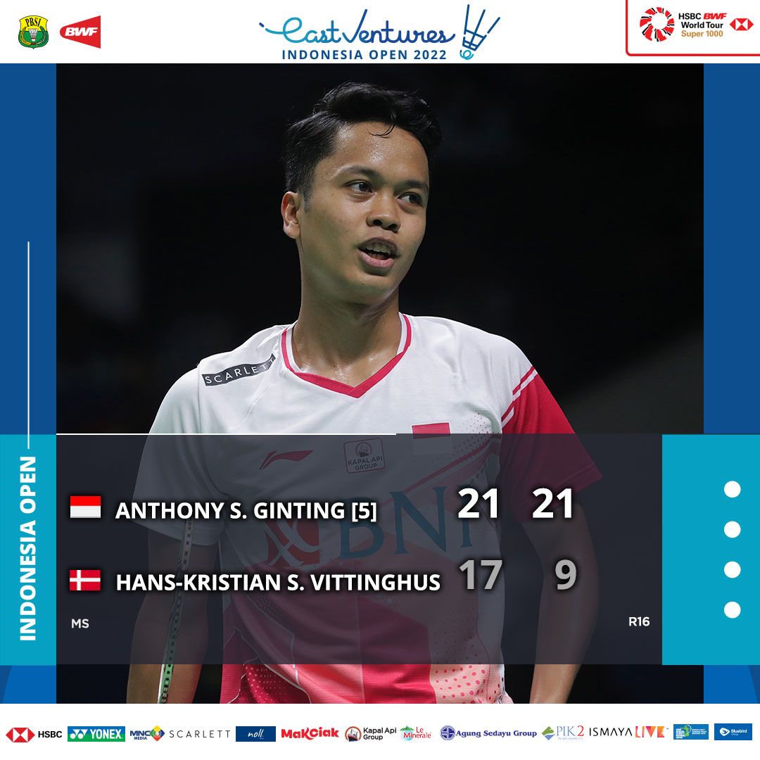 Hasil Indonesia Open 2022 Babak 16 Besar: Anthony Sinisuka Ginting Lolos Perempat Final, Sikat Wakil Denmark