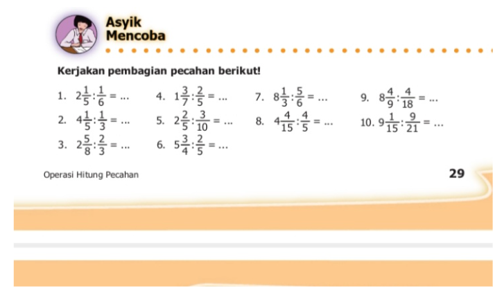 Kunci Jawaban Matematika Kelas 5 SD MI Halaman 29 untuk Mengerjakan Pembagian Pecahan Campuran dengan Pecahan Biasa