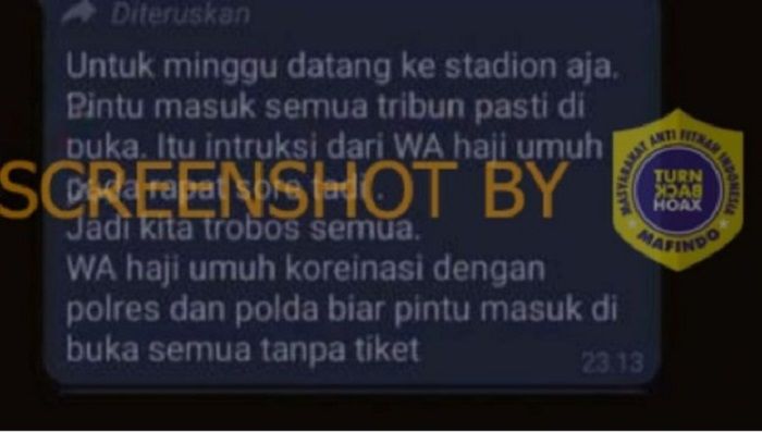 Pesan hoaks yang menginformasikan pertandingan Persib Bandung vs Bali United gratis tanpa tiket