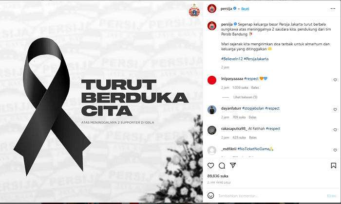 Persija Jakarta turut berduka cita atas meninggalnya suporter Persib Bandung