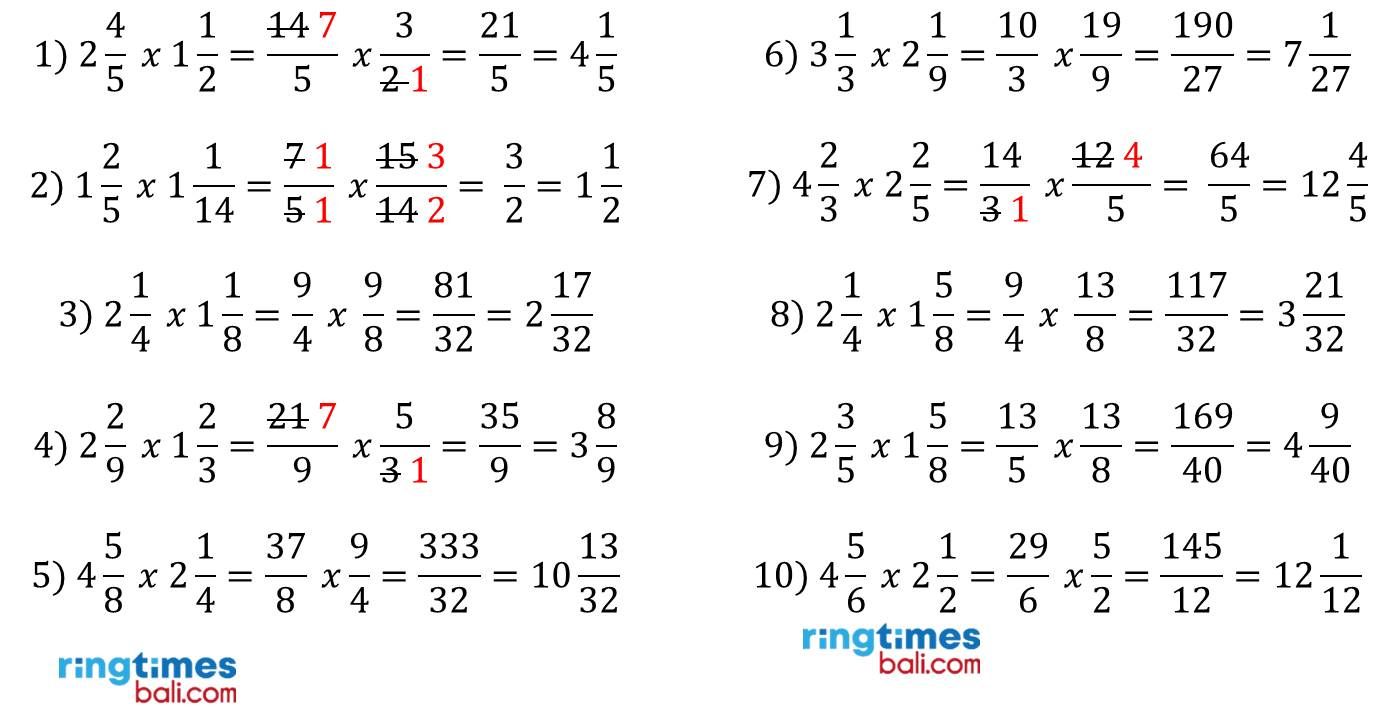 Inilah kunci jawaban Matematika kelas 5 SD MI halaman 21 Asyik Mencoba perkalian dua pecahan campuran soal nomor 1-10, semester 1 terlengkap 2022.