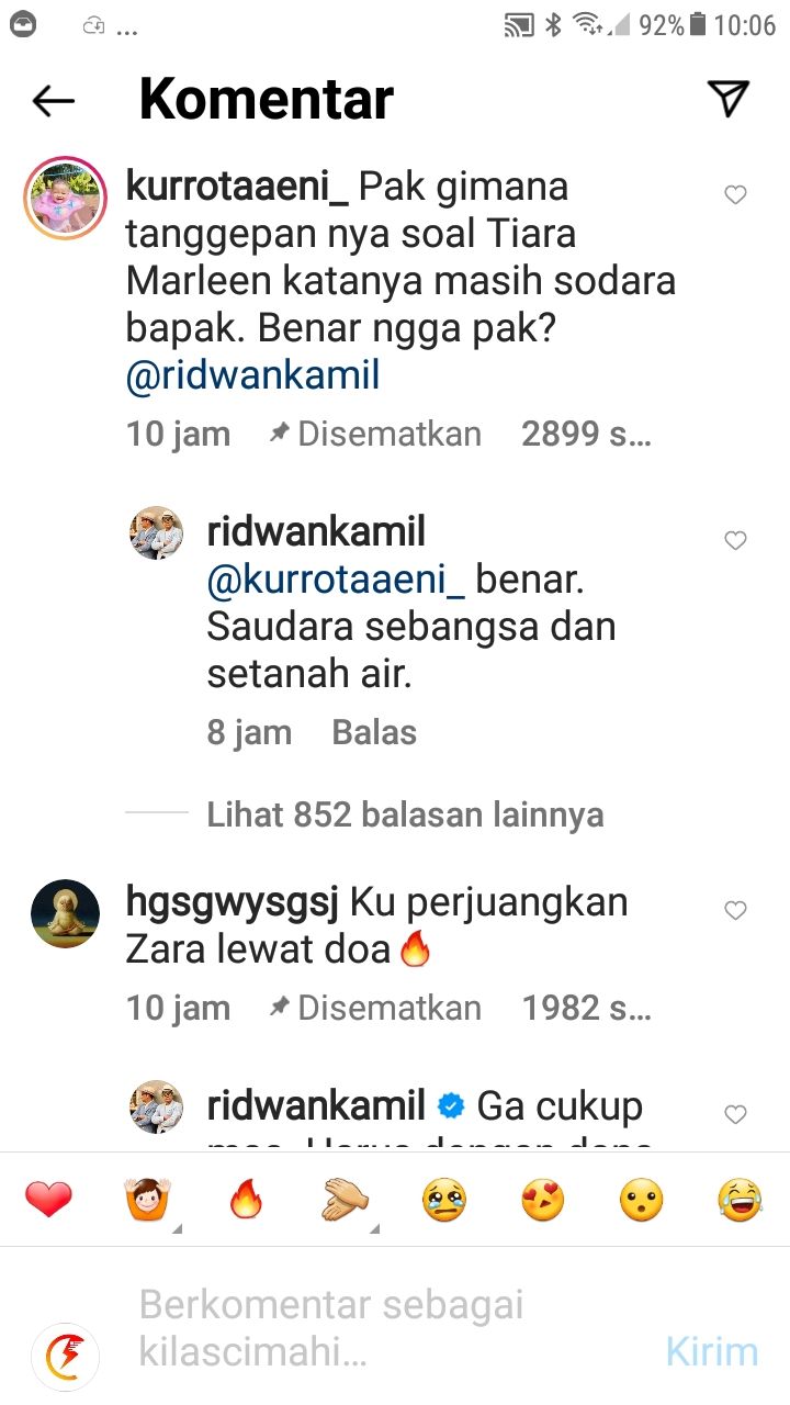 Komentar netizen yang mempertanyakan status saudara Tiara Marleen dan RIdwan Kamil