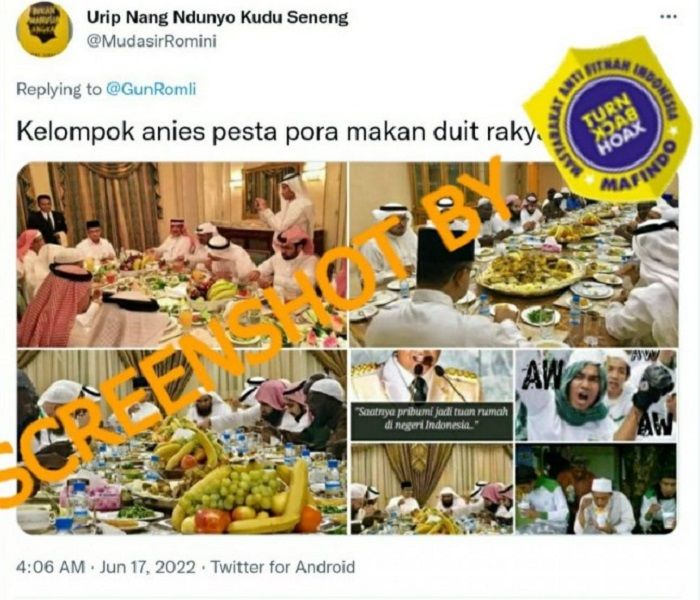 Postingan hoaks tentang Gubernur DKI Jakarta Anies Baswedan yang menggelar pesta dengan memakai uang rakyat