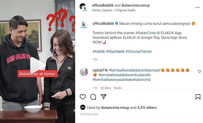Postingan akun Instagram resmi Ikatan Cinta yang menampilkan aksi Arya Saloka dan Amanda Manopo di balik layar./Instagram.@ikatancinta.mncp. 