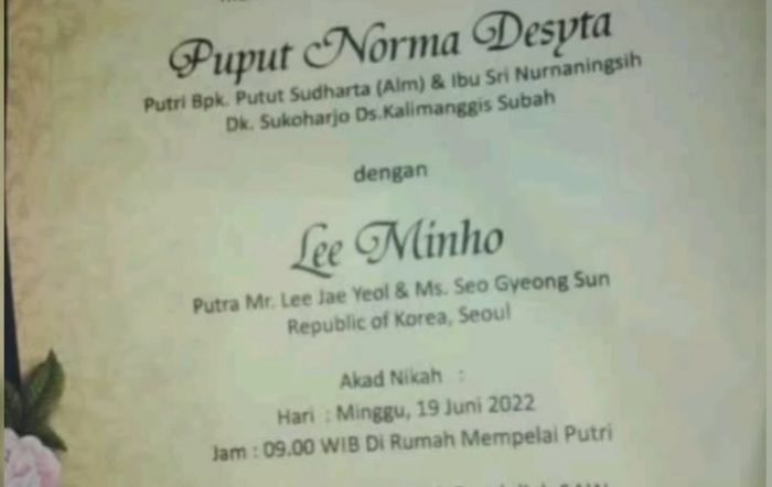 Undangan pernikahan Pupur Norma Destya dengan Lee Minho./Instagram.@pekalonganinfo.