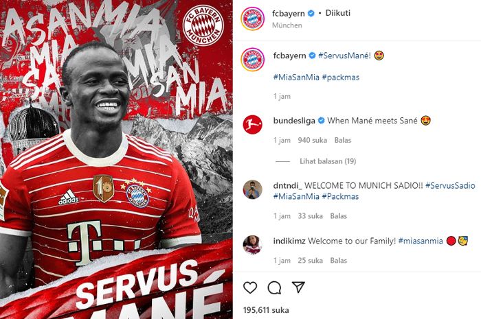 Unggahan akun Instagram @fcbayern yang resmi mendatangkan Sadio Mane dari Liverpool.