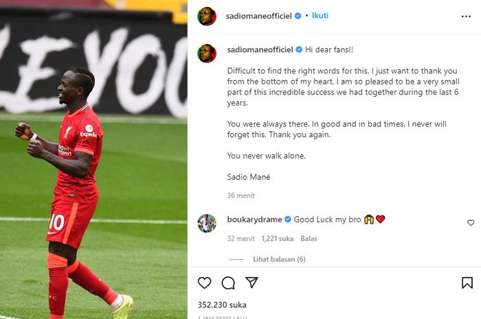 Unggahan akun Instagram @sadiomaneofficiel yang menyatakan perpisahannya dengan Liverpool.