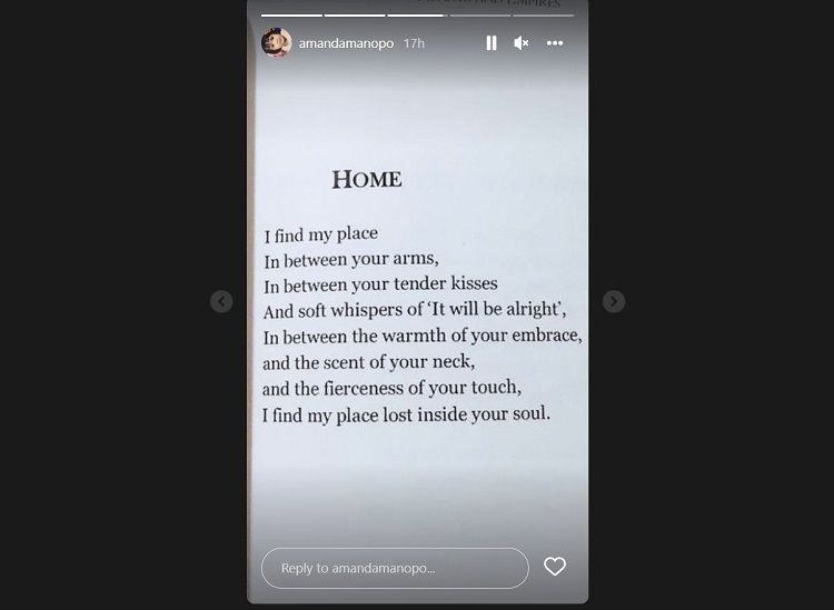 Unggahan Amanda Manopo di Instastory-nya. Andin Ikatan Cinta mengunggah puisi karya Cynthia Go berjudul 'Home'.