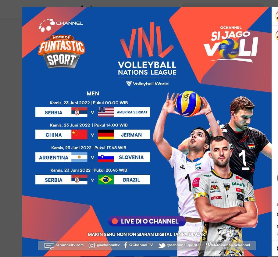 Jadwal Acara TV O Channel Kamis, 23 Juni 2022 Ada Live 4 Volleyball Nations League Dan Piala Presiden 2022