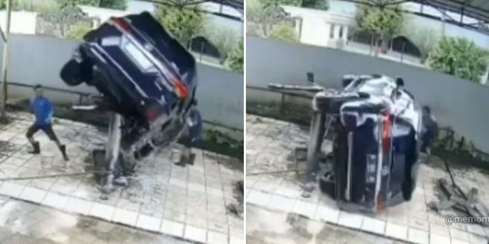 Video rekaman CCTV yang merekam detik-detik mobil Fortuner terjatuh dari hidrolik cucian mobill