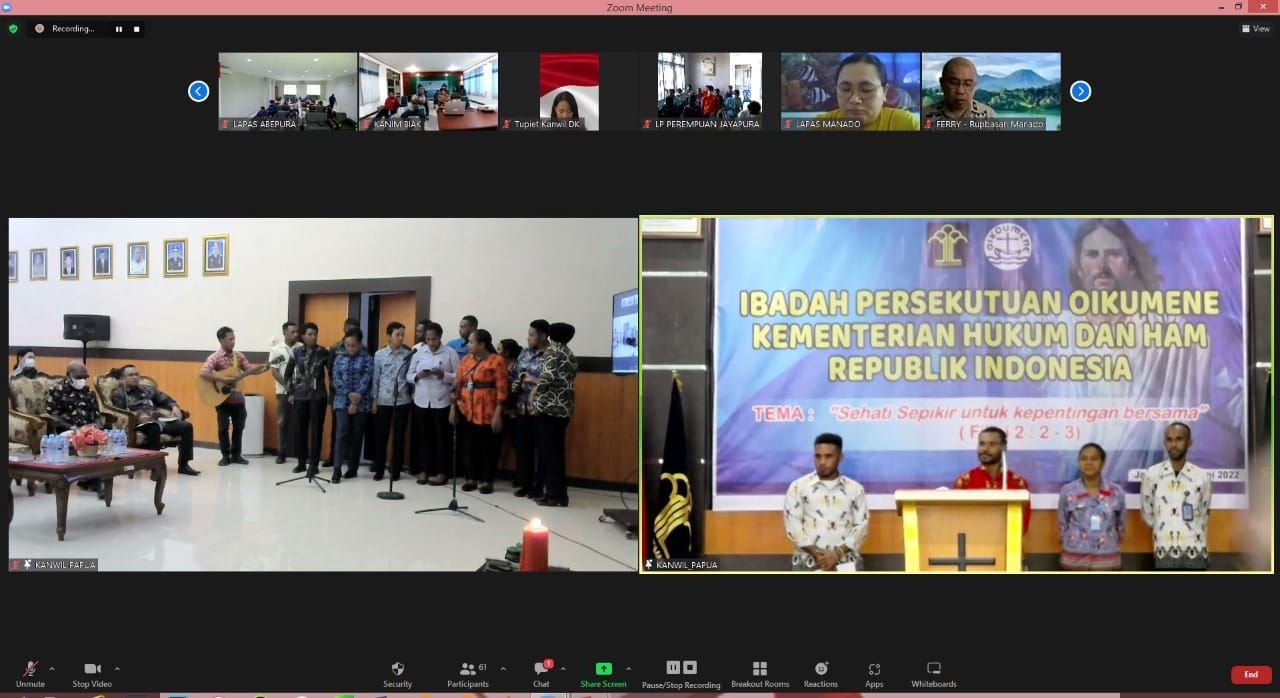 ibadah Kanwil Kemenkumham Papua menjadi tuan Rumah Ibadah Rutin Persekutuan Oikumene Kemenkumham RI, Jumat, 24 Juni 2022.