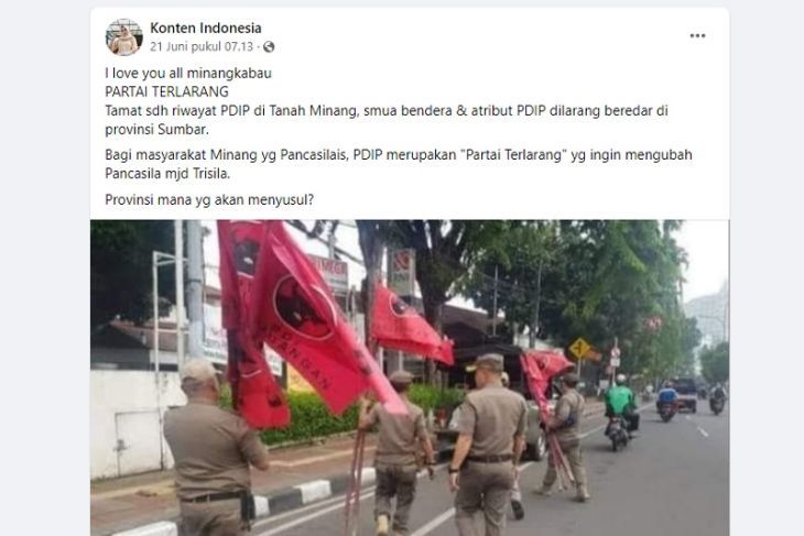 Postingan yang menyebutkan jika PDIP merupakan partai terlarang di Sumatera Barat