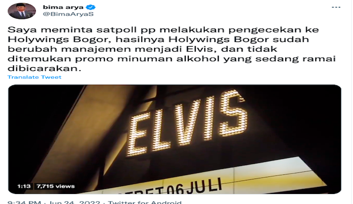 Tangkapan layar cuitan Bima Arya terkait eks Holywings Bogor yang menyebut tak ada promo minuman beralkohol.
